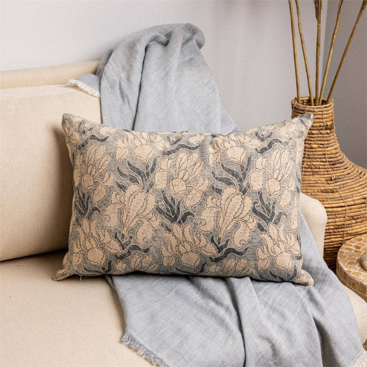 Windward Blue Floral Lumbar Pillow With Kantha Stitch
