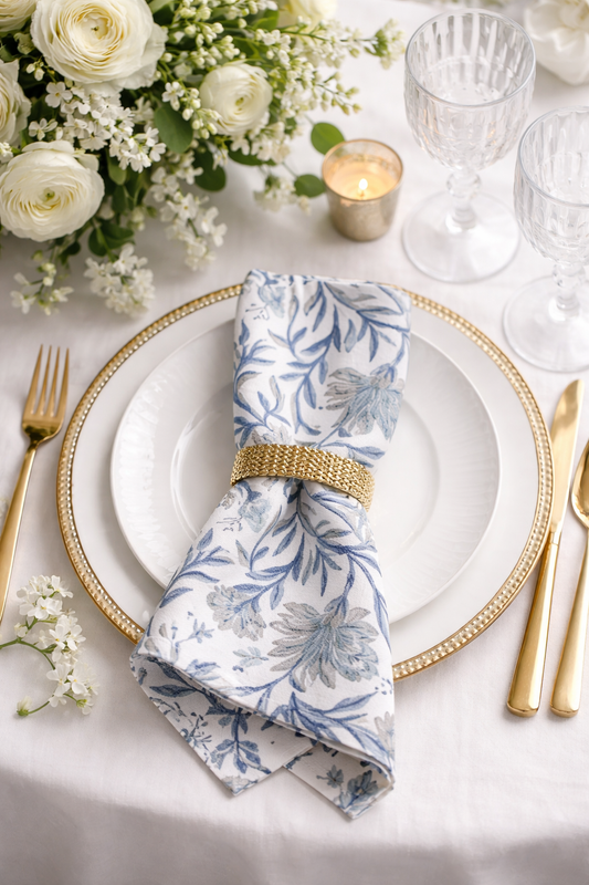 Blue Botanical Block Print Cotton 20" Dinner Napkin