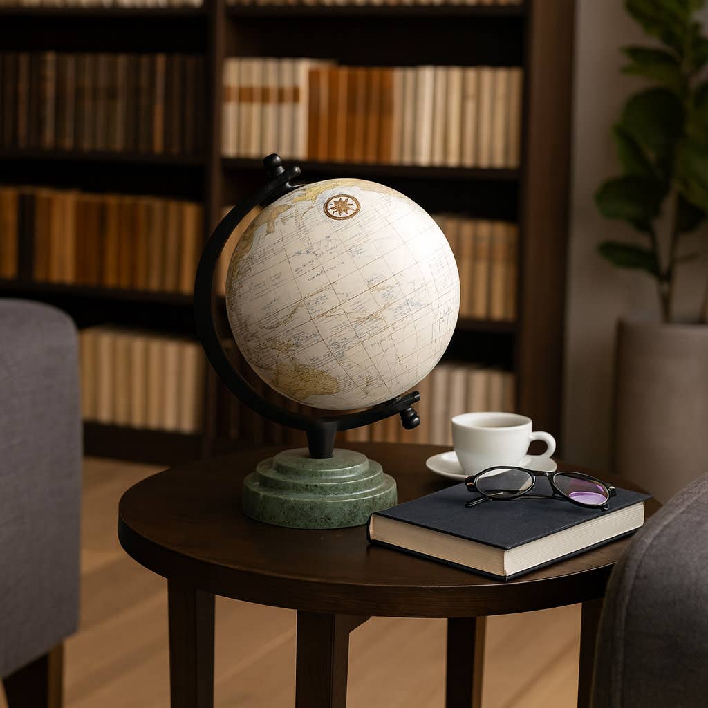 Sculpture - Green Resin Marble Ridged Globe on Base, 9 in.