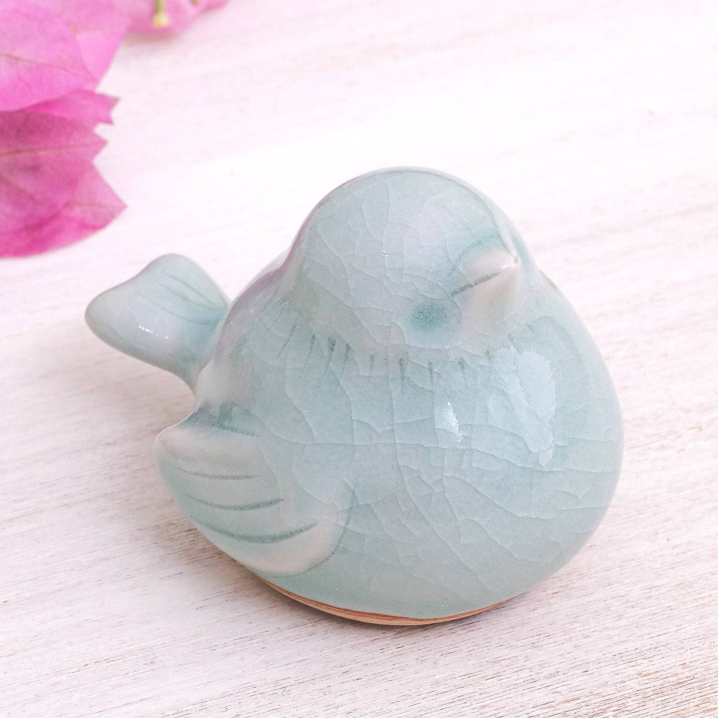 Novica Handmade Sweet Robin Celadon Ceramic Figurine