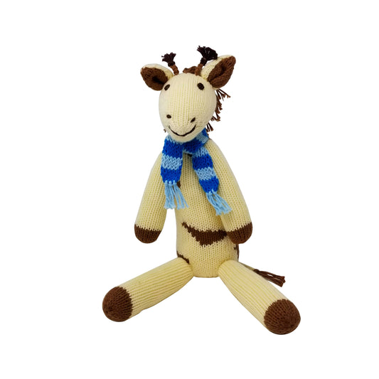 Handmade Knit Cotton Giraffe Toy with Blue Scarf