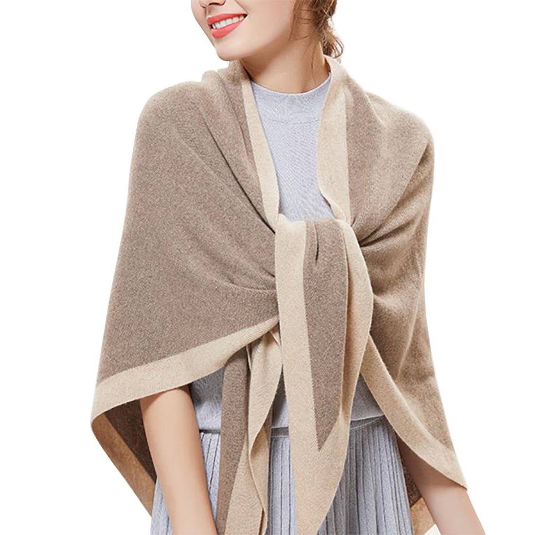 Contrast Border Knit Cashmere Blend Triangular Shawl Wrap