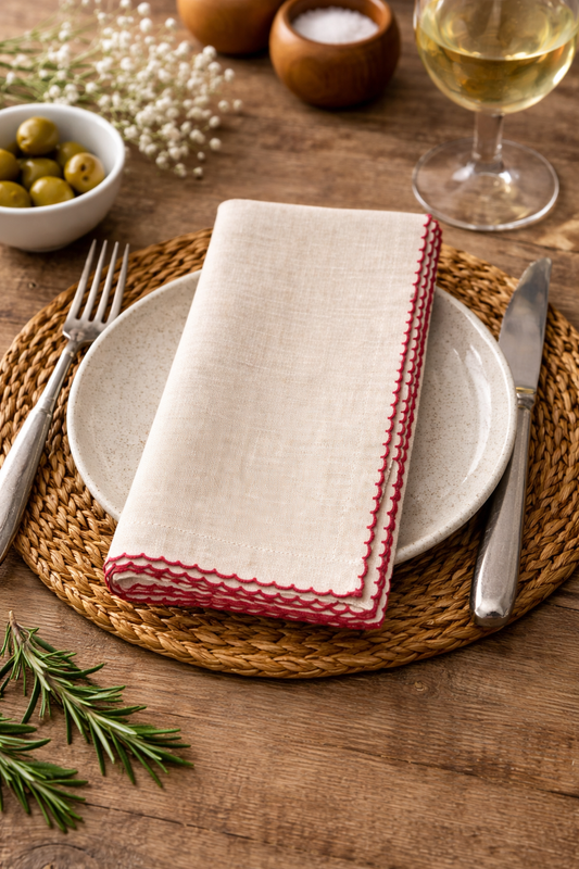 Red Crochet Scalloped Cotton Natural 20" Cloth Napkin