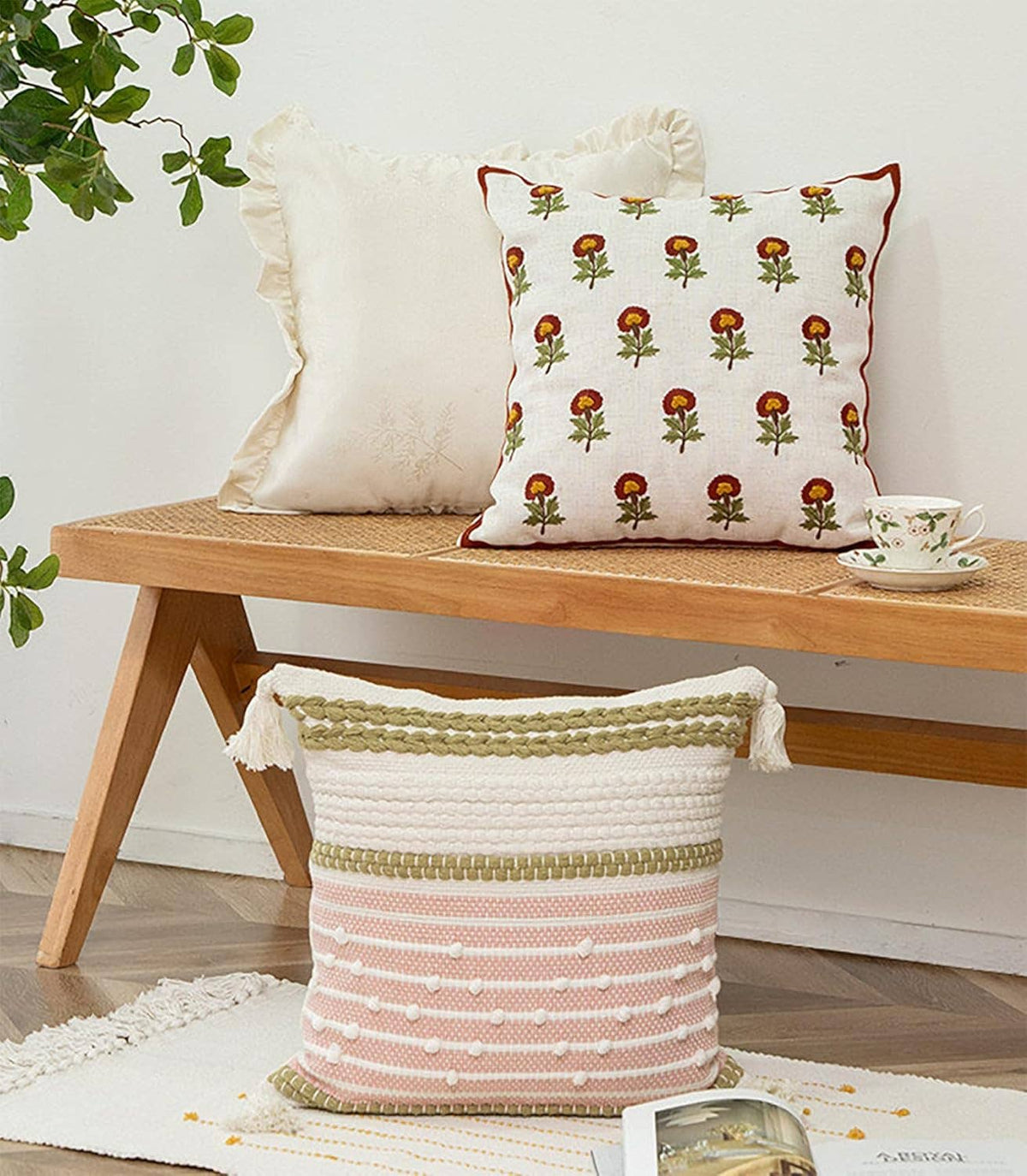Flower Embroidery 18" Throw Pillow