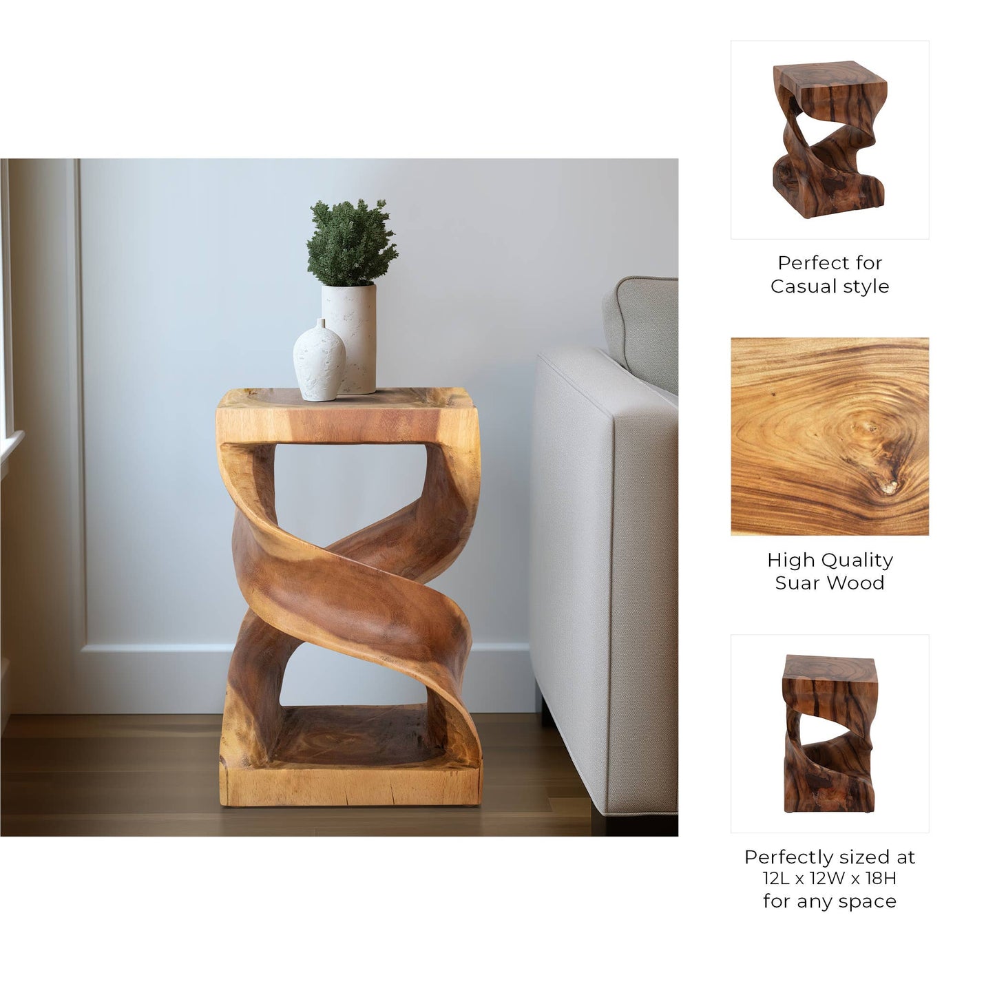 Side Table - Brown Wood Rectangular Unique Twisted, 18 in.