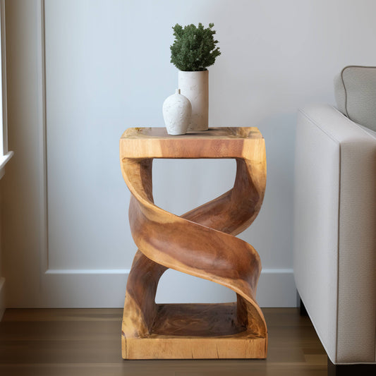 Side Table - Brown Wood Rectangular Unique Twisted, 18 in.