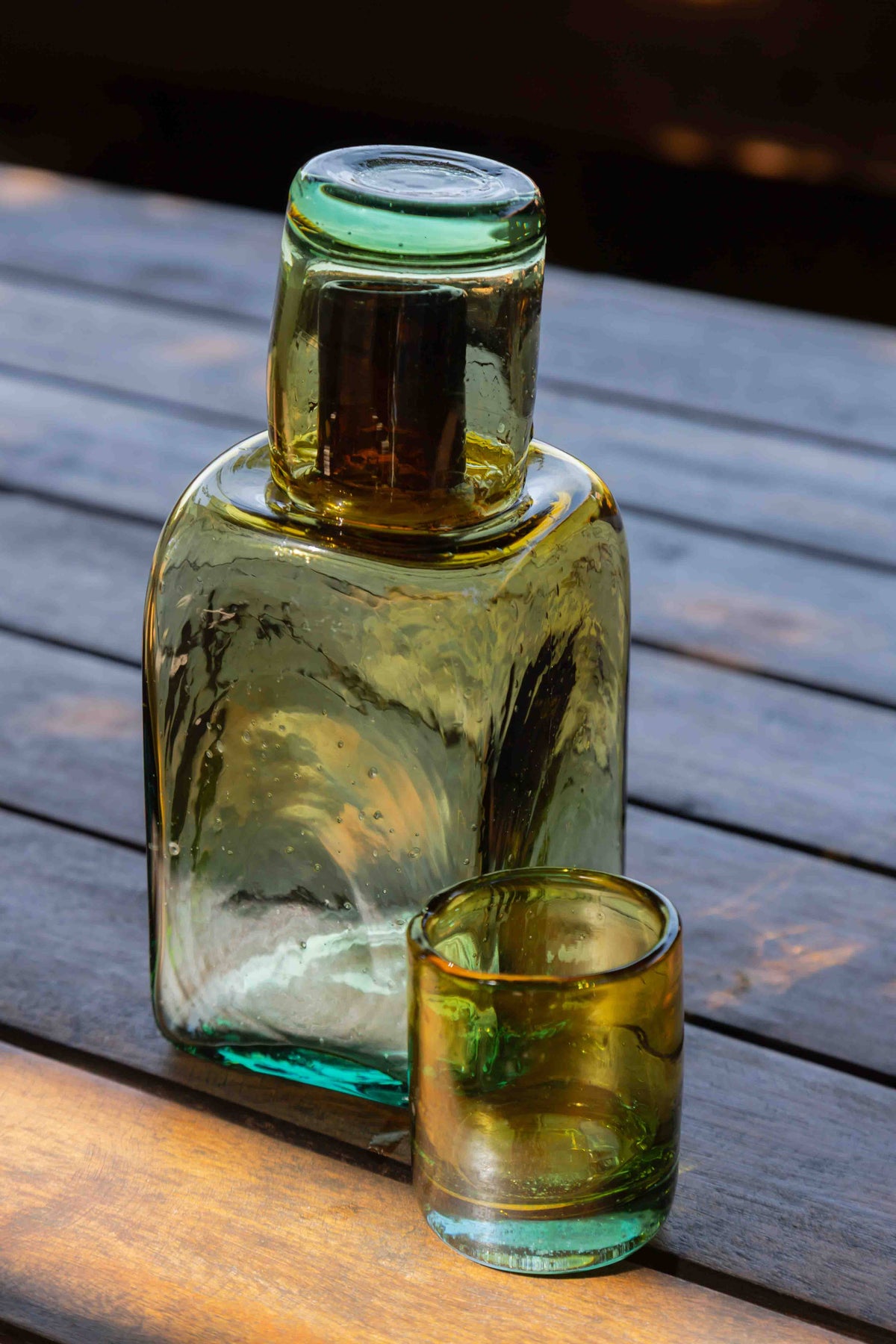 Bedside Carafe Set in Aqua/Amber - Handblown, Recycled Glass