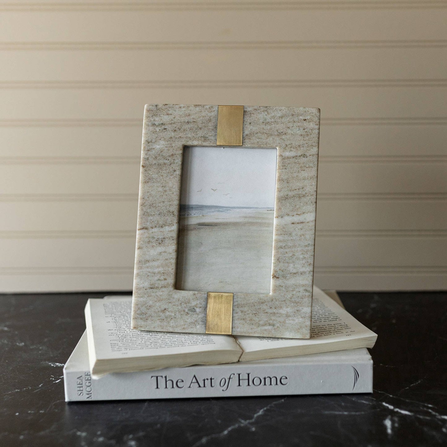 Soren Beige Marble Picture Frame Brass Inlay 4 x 6