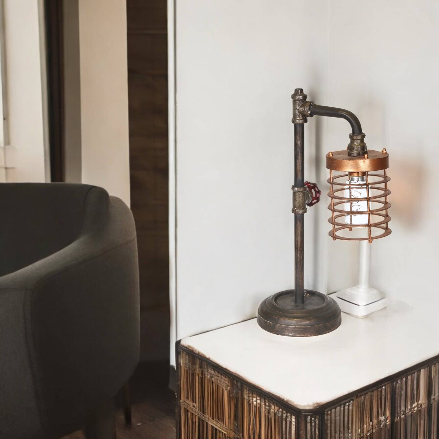 Table Lamp - Bronze Metal Pipe with Caged Shade, 18 in.