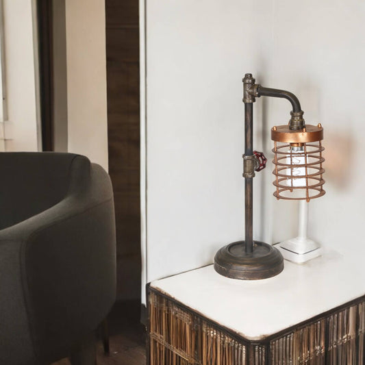 Table Lamp - Bronze Metal Pipe with Caged Shade, 18 in.